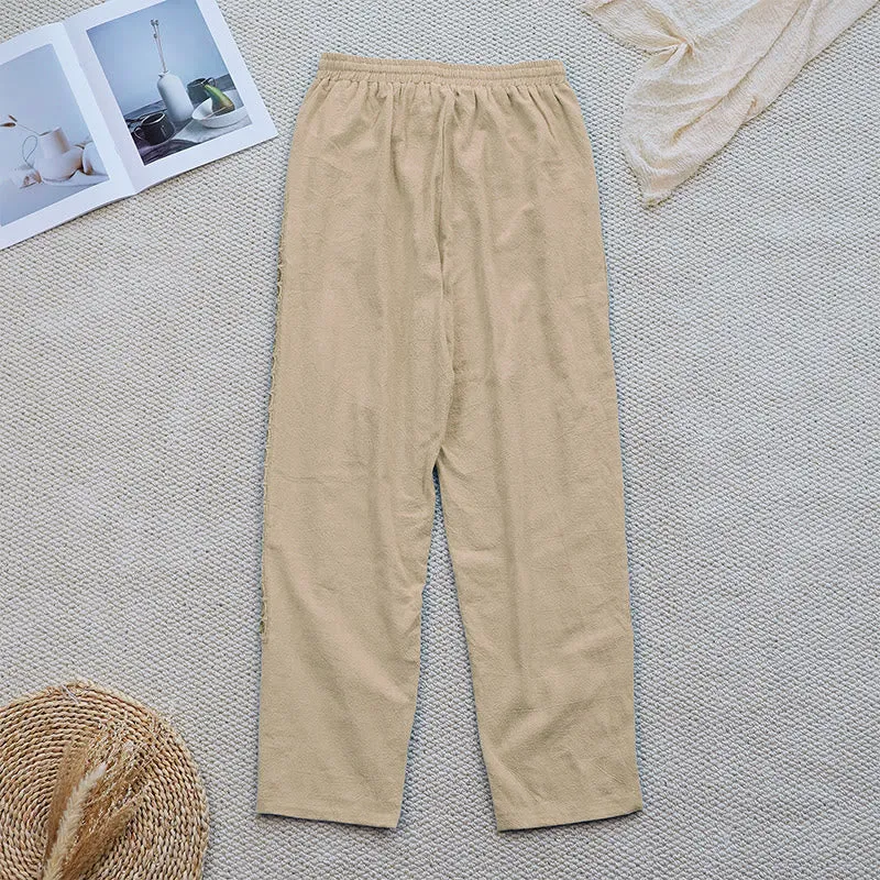 Buddha Stones Summer Plain Color Splicing Design Cotton Linen Women's Pants With Pockets