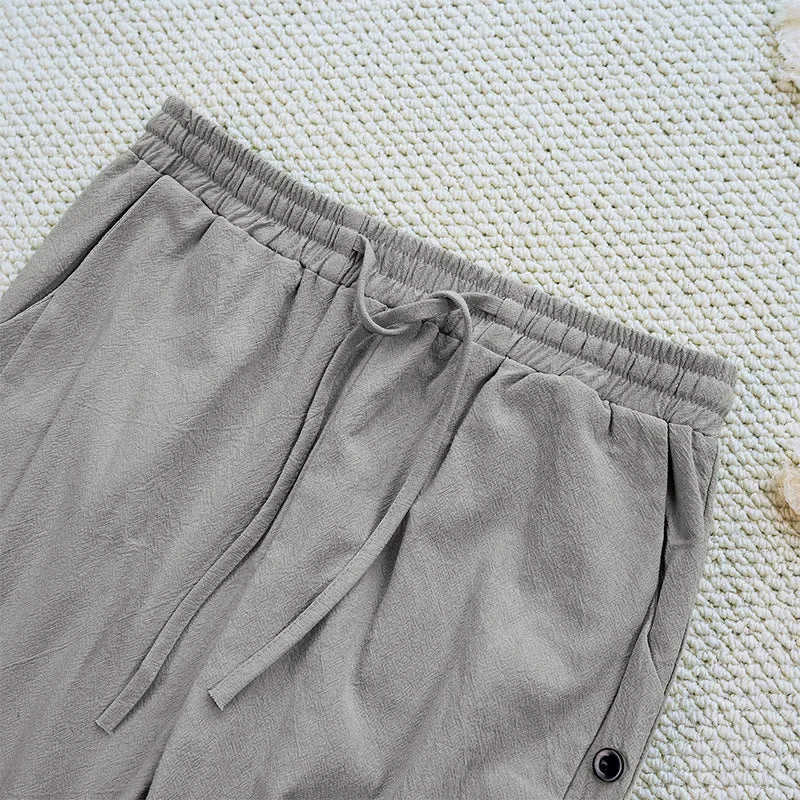 Buddha Stones Summer Plain Patchwork Design Drawstring Cotton Linen Women's Pants With Pockets