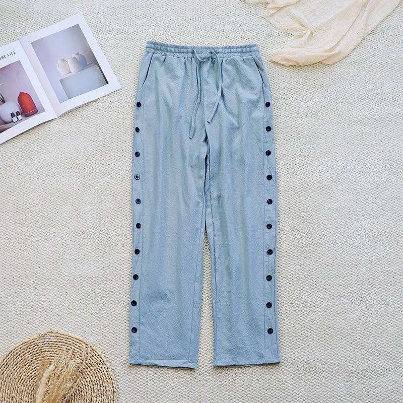 Buddha Stones Summer Plain Patchwork Design Drawstring Cotton Linen Women's Pants With Pockets