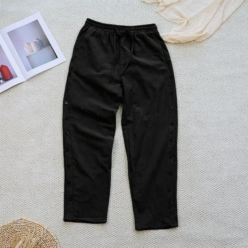 Buddha Stones Summer Plain Patchwork Design Drawstring Cotton Linen Women's Pants With Pockets