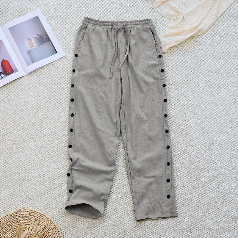 Buddha Stones Summer Plain Patchwork Design Drawstring Cotton Linen Women's Pants With Pockets