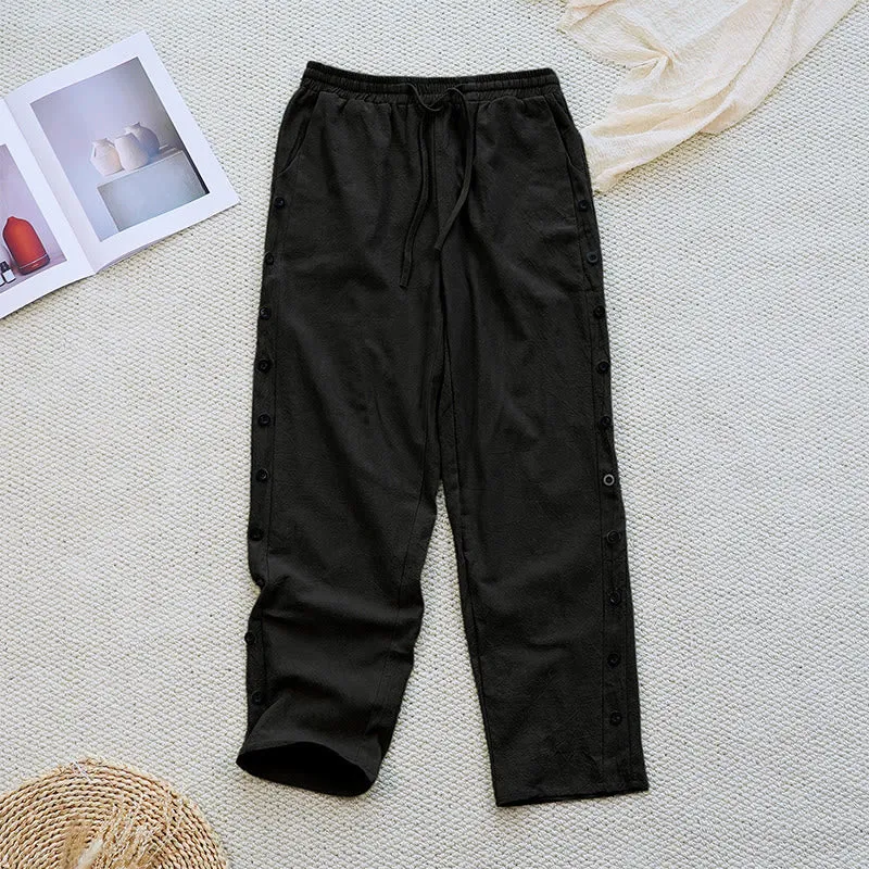 Buddha Stones Summer Plain Patchwork Design Drawstring Cotton Linen Women's Pants With Pockets