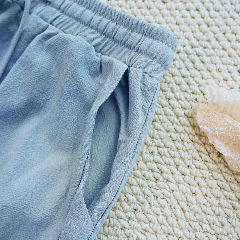 Buddha Stones Summer Plain Patchwork Design Drawstring Cotton Linen Women's Pants With Pockets