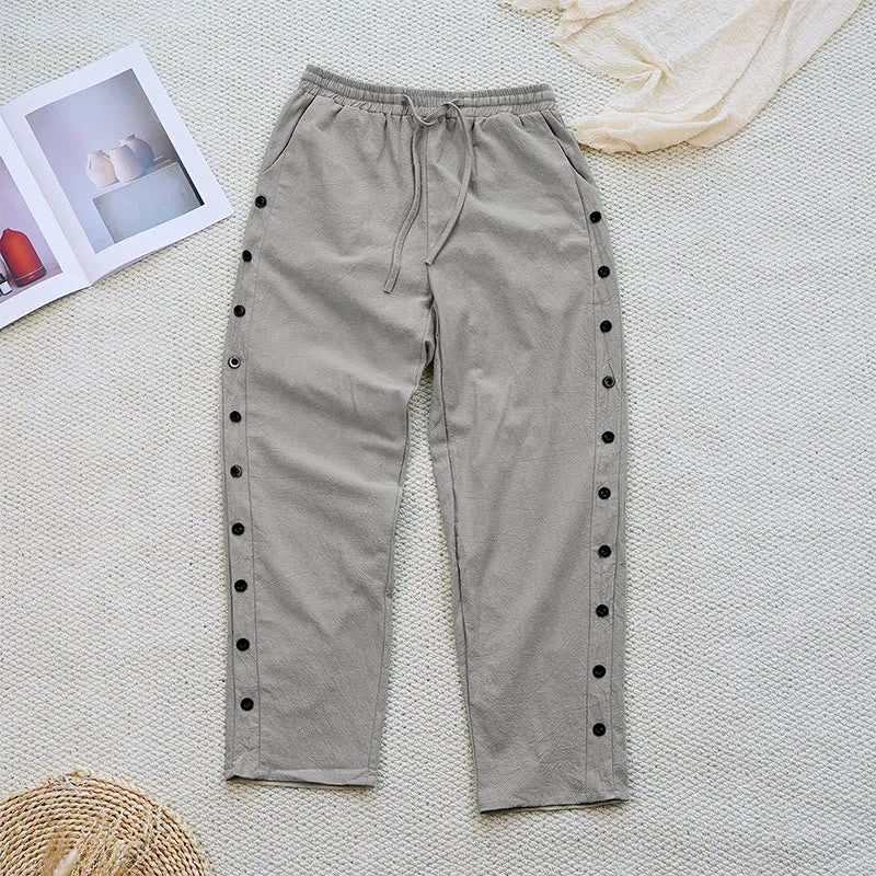 Buddha Stones Summer Plain Patchwork Design Drawstring Cotton Linen Women's Pants With Pockets
