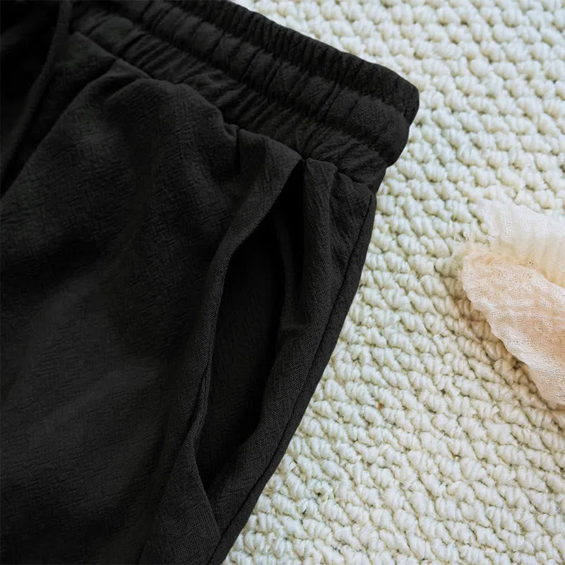 Buddha Stones Summer Plain Patchwork Design Drawstring Cotton Linen Women's Pants With Pockets