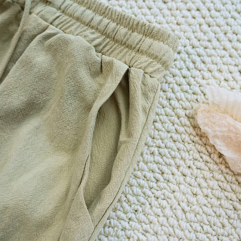 Buddha Stones Summer Plain Patchwork Design Drawstring Cotton Linen Women's Pants With Pockets