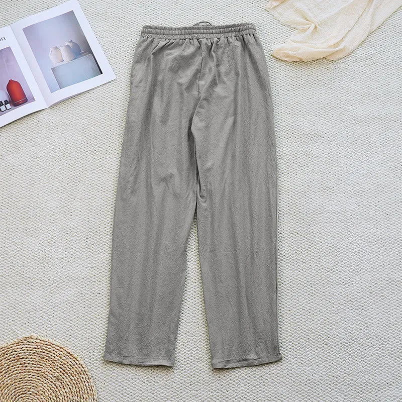 Buddha Stones Summer Plain Patchwork Design Drawstring Cotton Linen Women's Pants With Pockets