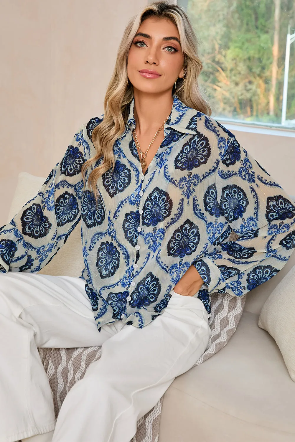 Button V Neck Loose Shirt