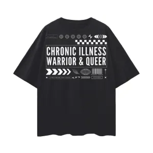 Chronic Illness Warrior & Queer Graphic Tee Mental Health Awareness Oversize Deep Drop Shoulder Tee - 190 GSM