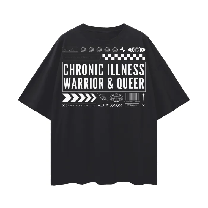 Chronic Illness Warrior & Queer Graphic Tee Mental Health Awareness Oversize Deep Drop Shoulder Tee - 190 GSM