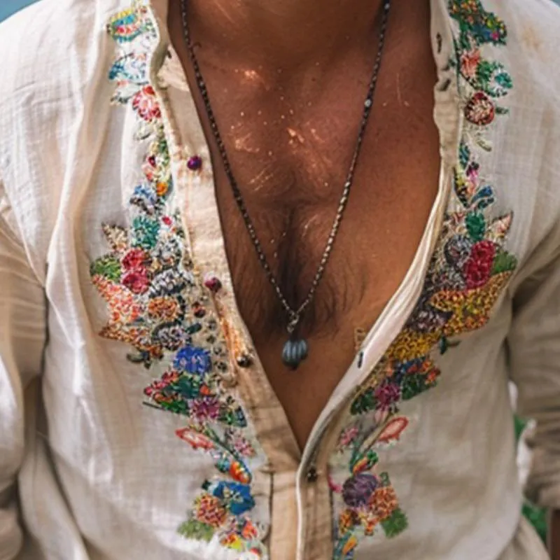 Classic Long-Sleeve Embroidered Shirt for Gentlemen