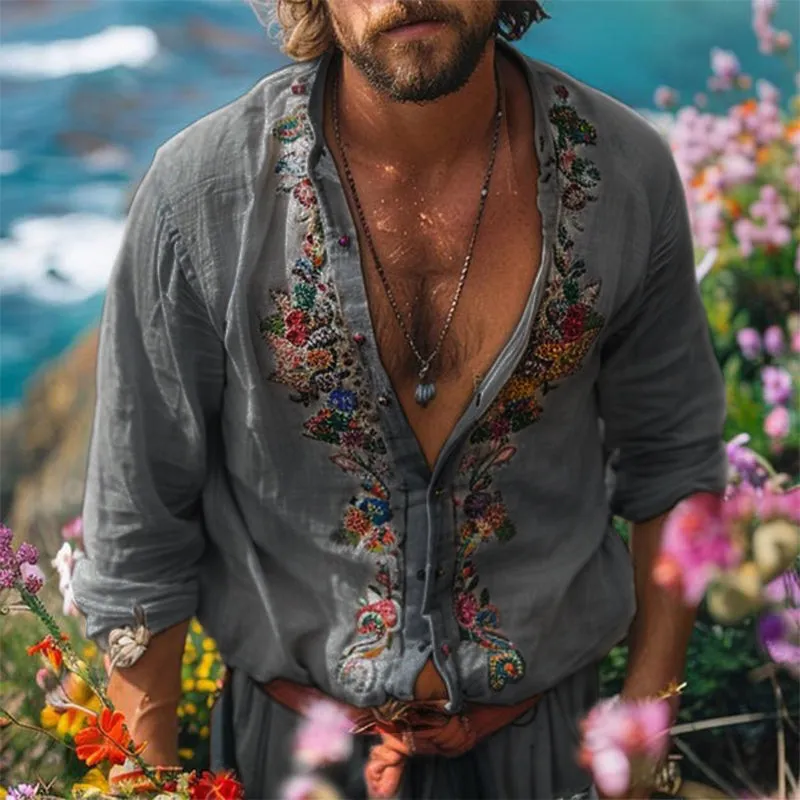 Classic Long-Sleeve Embroidered Shirt for Gentlemen