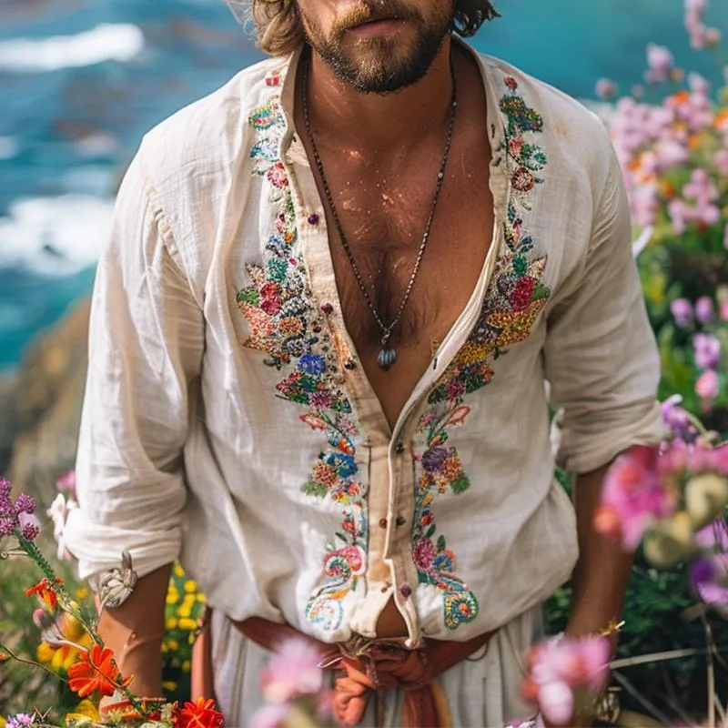 Classic Long-Sleeve Embroidered Shirt for Gentlemen
