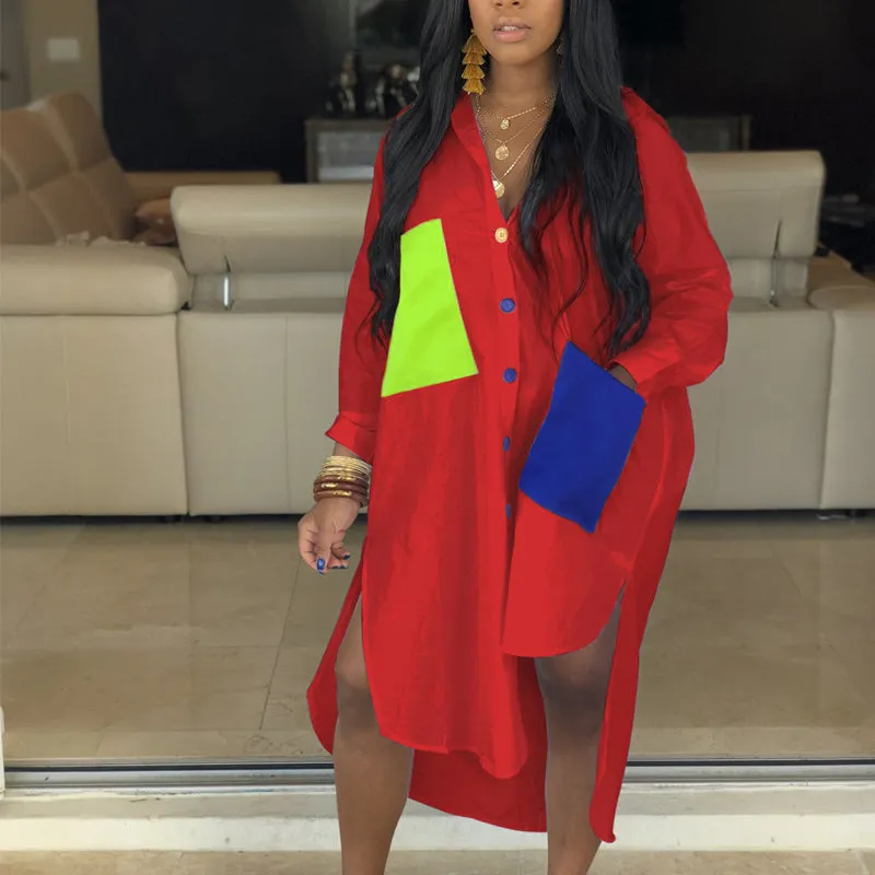 Colorblock Pocket Design Irregular Shirt Dress