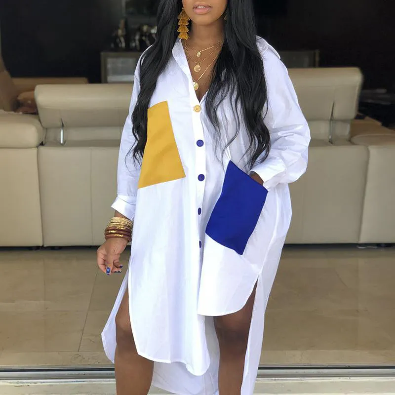Colorblock Pocket Design Irregular Shirt Dress