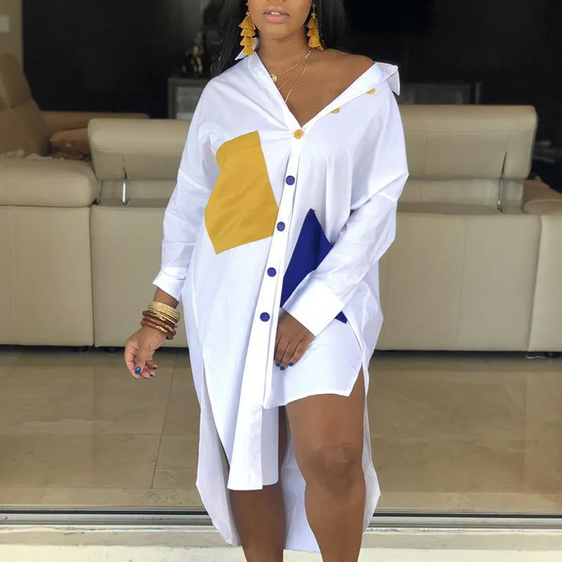 Colorblock Pocket Design Irregular Shirt Dress