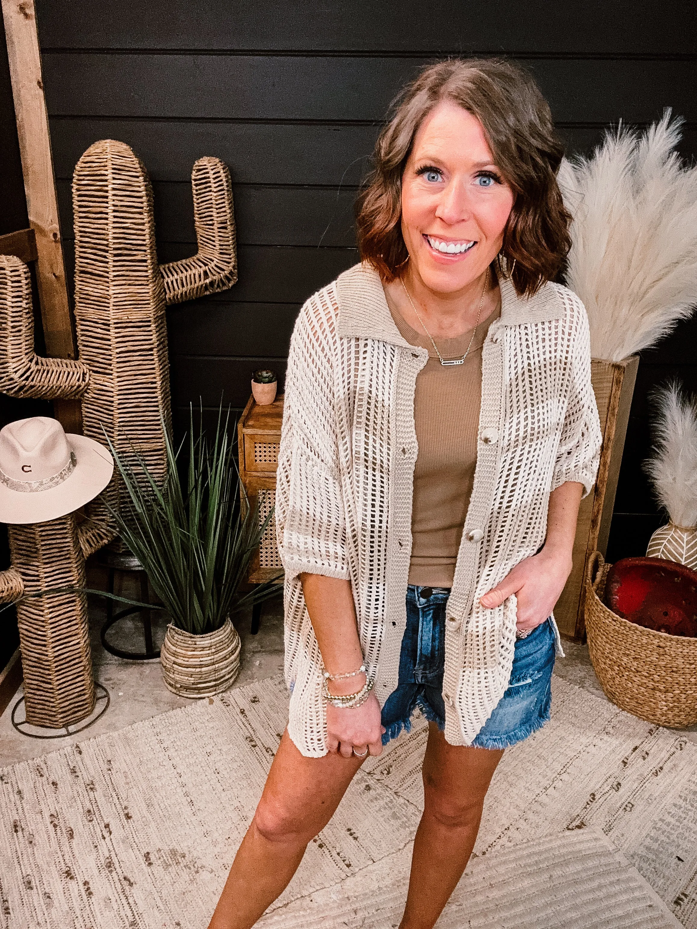Cream Stripe Open Weave Button Shirt Top