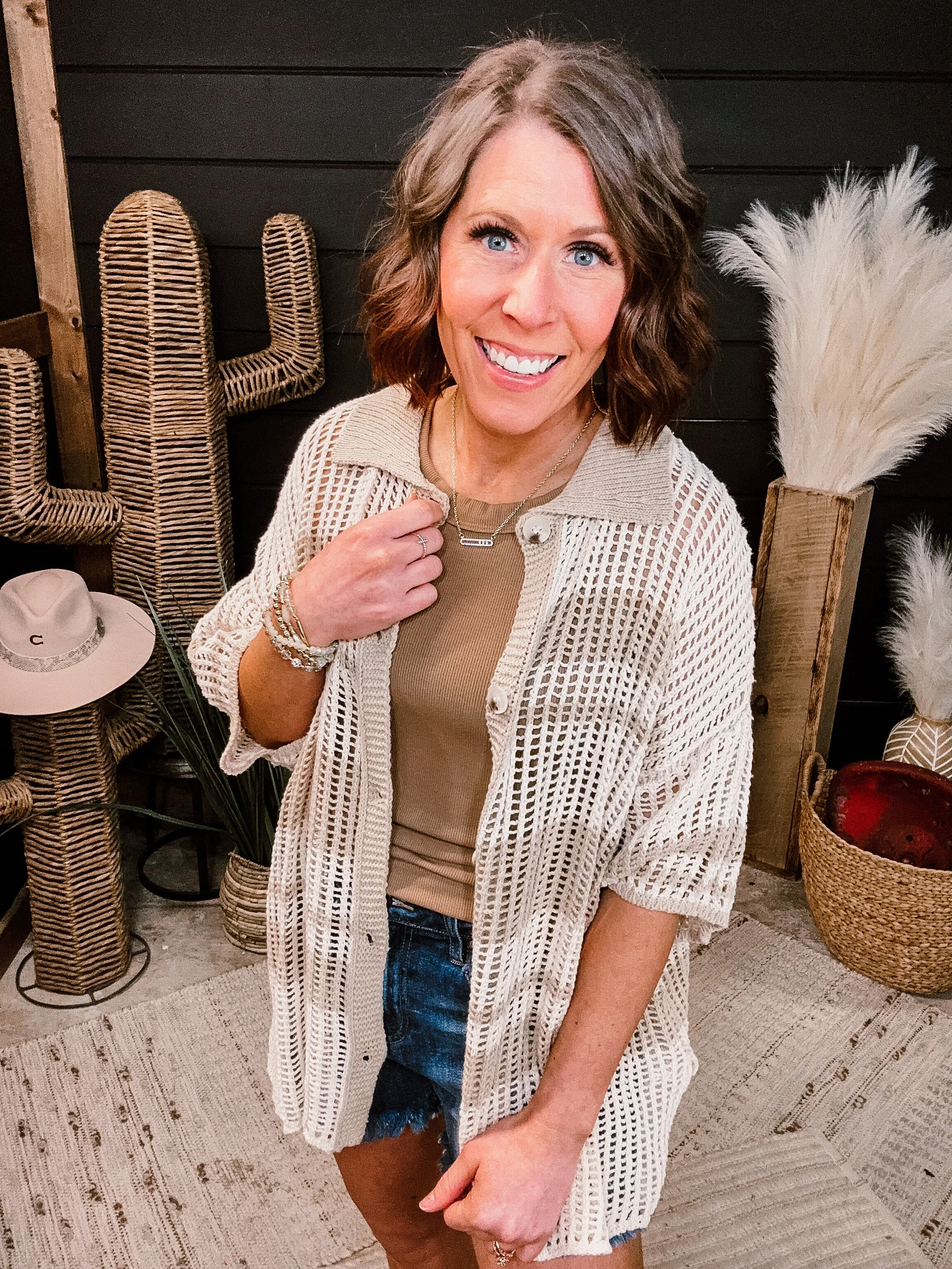 Cream Stripe Open Weave Button Shirt Top