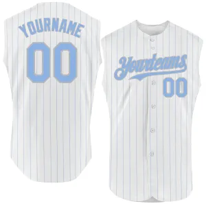 Custom White Light Blue Pinstripe Gray Authentic Sleeveless Baseball Jersey