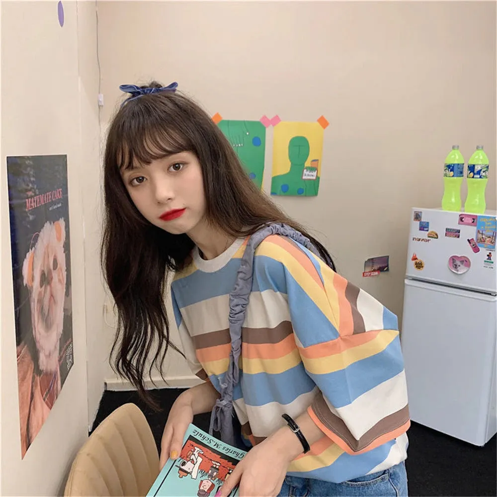 Cute Colors Loose Striped Shirt