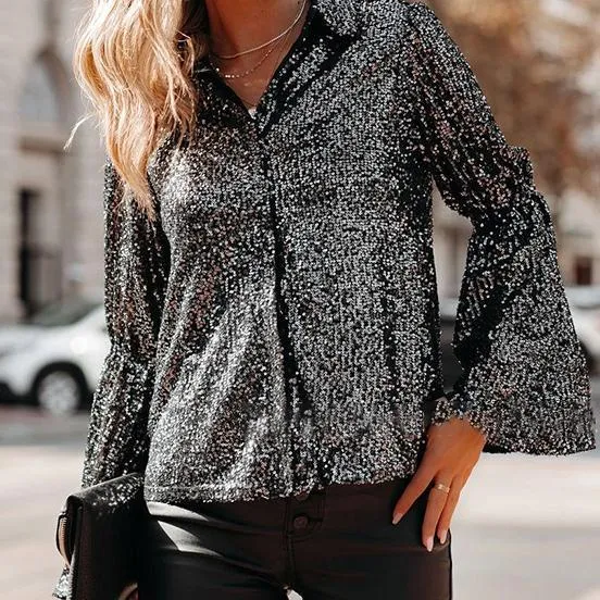 Dark gray sequins lapel loose shirt