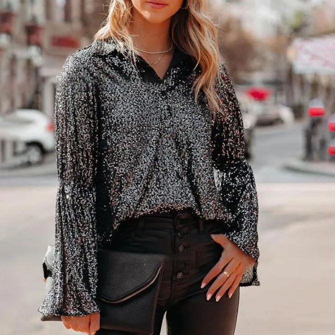Dark gray sequins lapel loose shirt