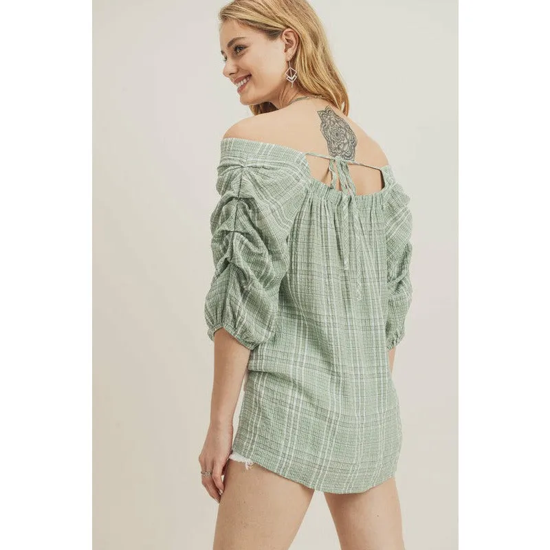 Dazzling Off Shoulder Blouse w/ Puffy Sleeves - Green