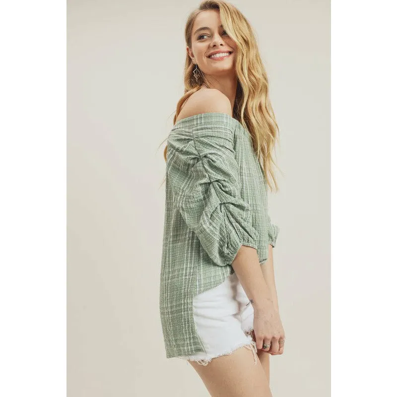 Dazzling Off Shoulder Blouse w/ Puffy Sleeves - Green