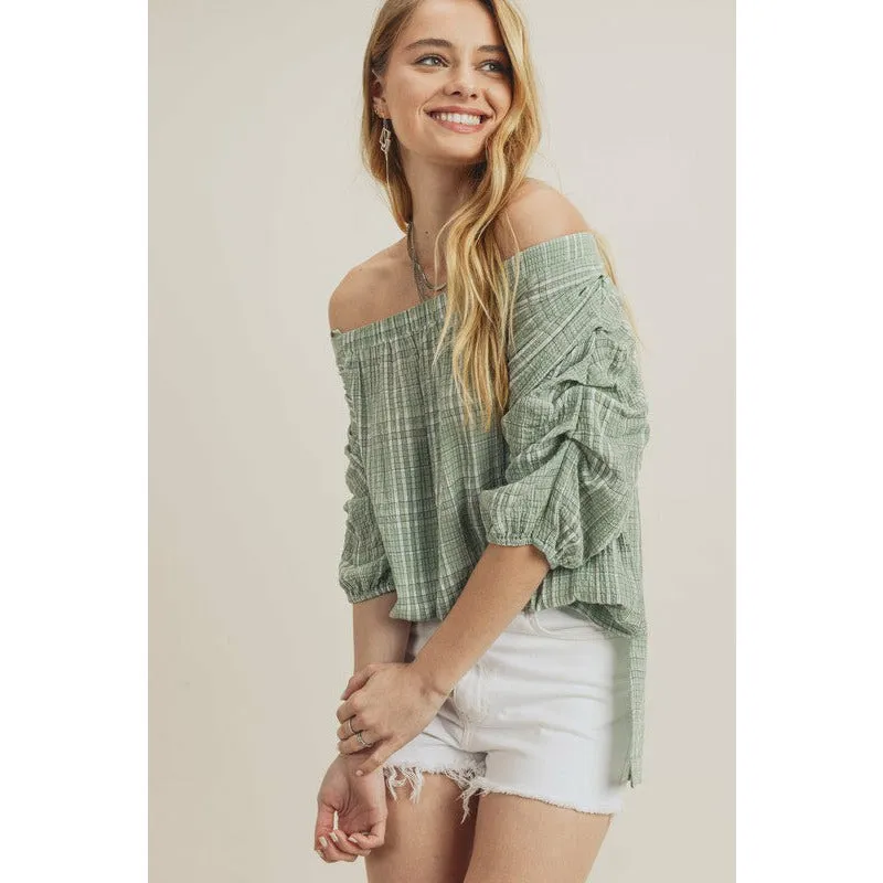 Dazzling Off Shoulder Blouse w/ Puffy Sleeves - Green