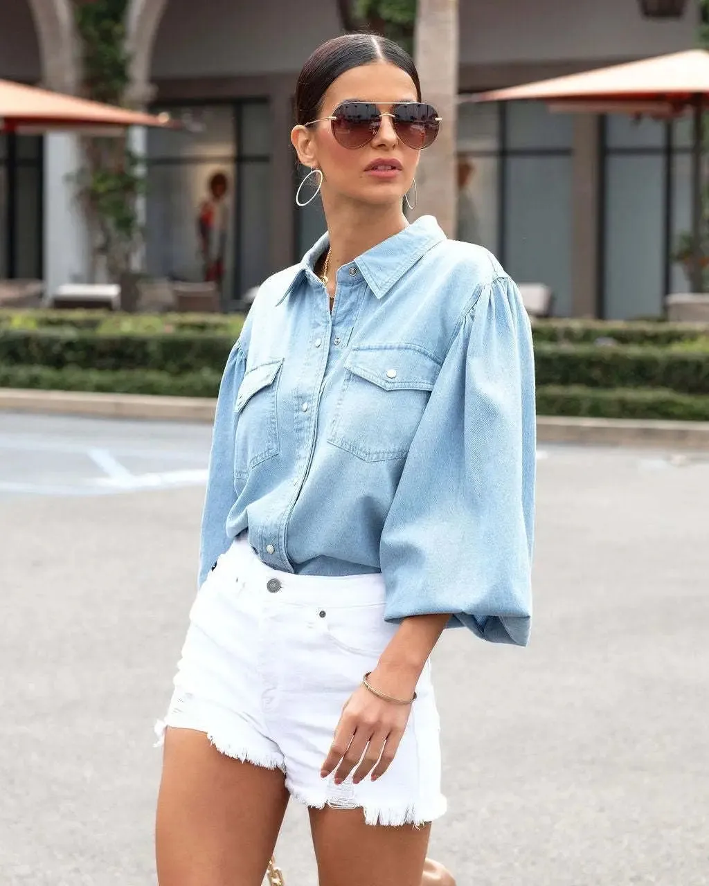 Denim Cotton Button Down Shirt with Balloon Sleeve