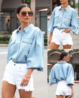 Denim Cotton Button Down Shirt with Balloon Sleeve