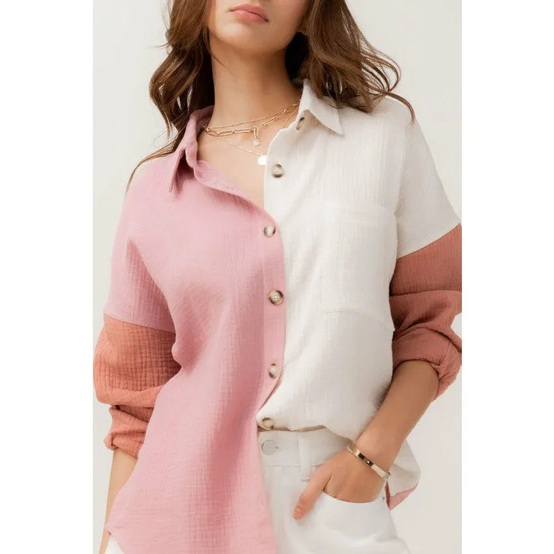 Enjoying This Time Colorblock Button Down Shirt - Pink/ White