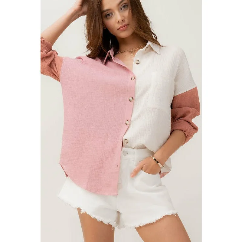 Enjoying This Time Colorblock Button Down Shirt - Pink/ White