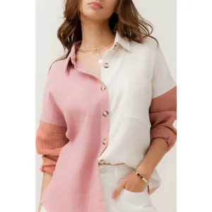 Enjoying This Time Colorblock Button Down Shirt - Pink/ White