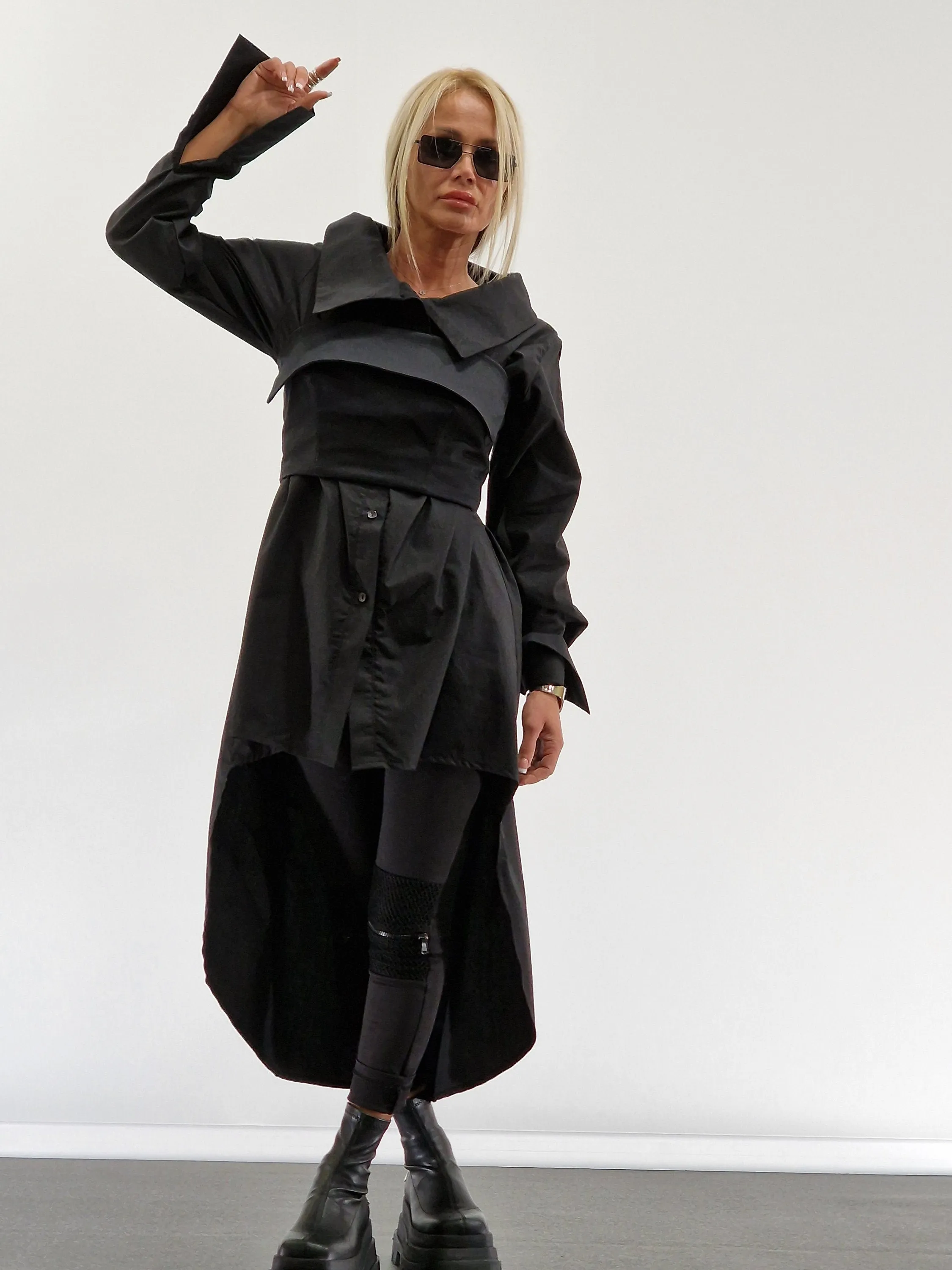 Extravagant Black Shirt with Corset, Gothic Asimetric Shirt, Loose Women Shirt, Avant-garde Shirt, Long Black Shirt, Cotton Oversize Shirt
