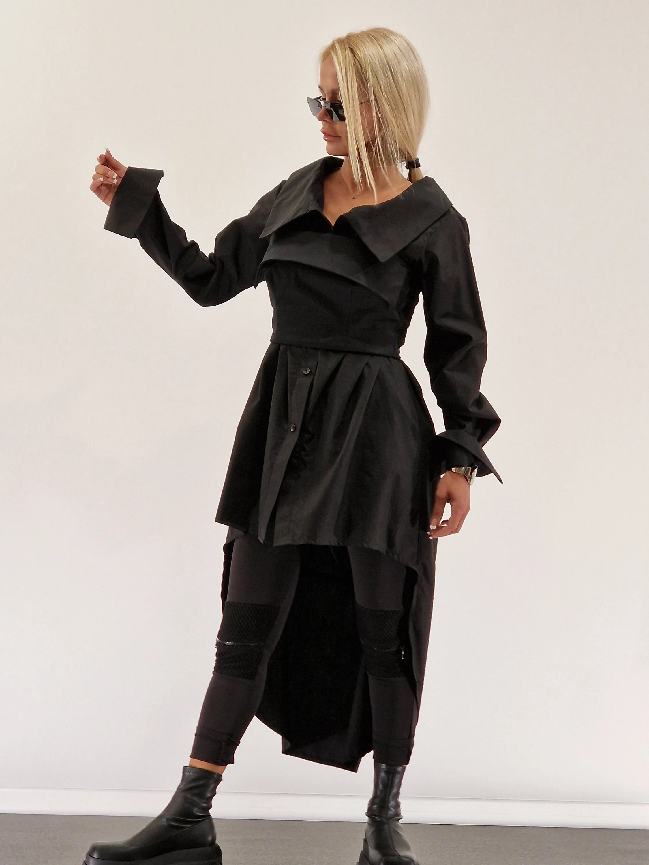 Extravagant Black Shirt with Corset, Gothic Asimetric Shirt, Loose Women Shirt, Avant-garde Shirt, Long Black Shirt, Cotton Oversize Shirt