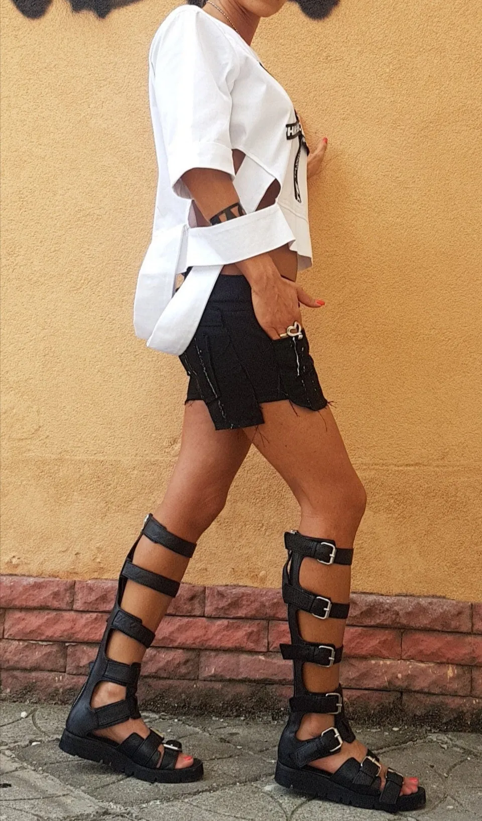 Extravagant White Shirt with Mid Sleeves and Cut Outs, Avant-garde Top, Loose Fit Women T-Shirt, Short Sleeve Cotton Shirt, Plus Size Top