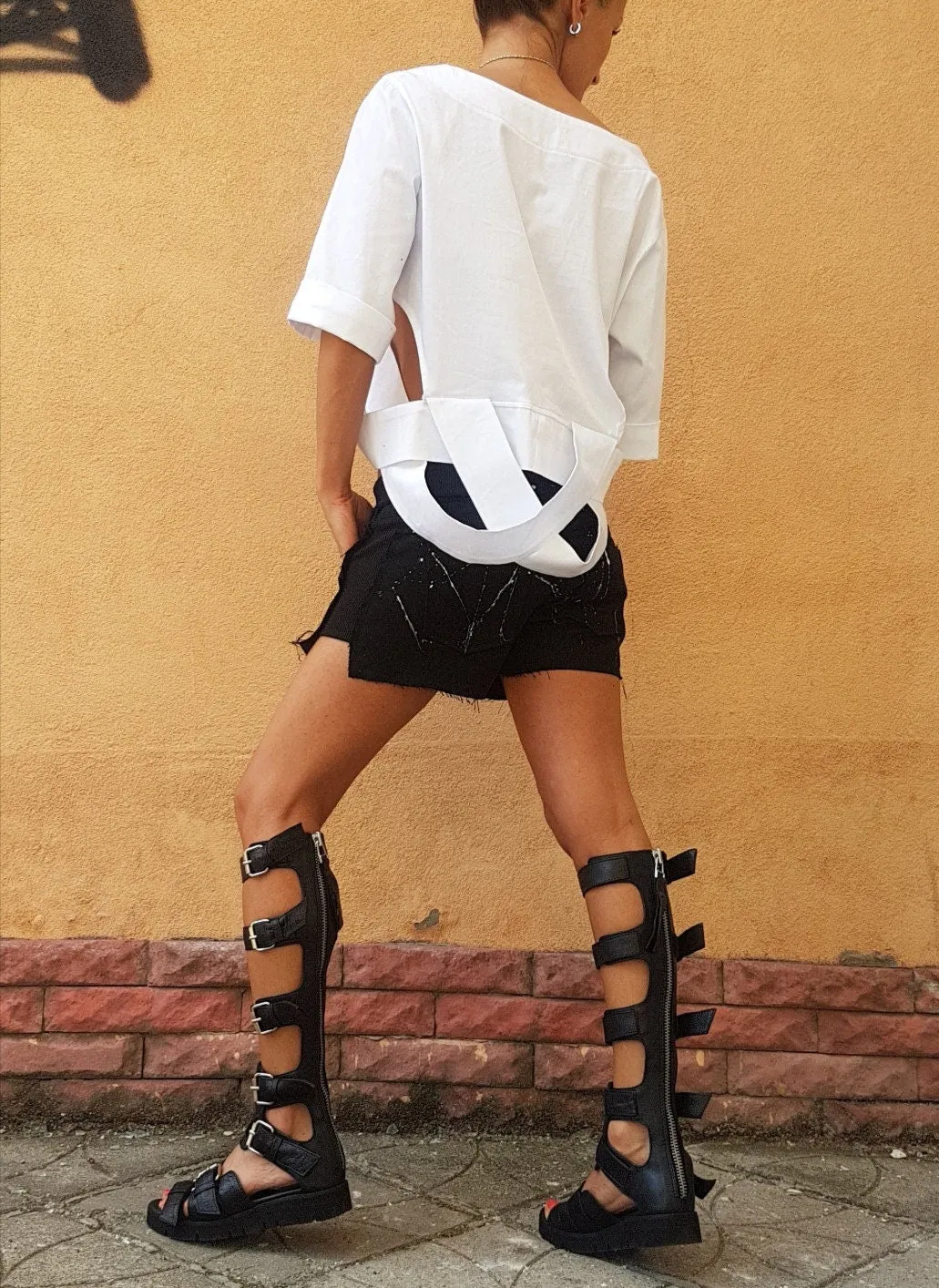 Extravagant White Shirt with Mid Sleeves and Cut Outs, Avant-garde Top, Loose Fit Women T-Shirt, Short Sleeve Cotton Shirt, Plus Size Top