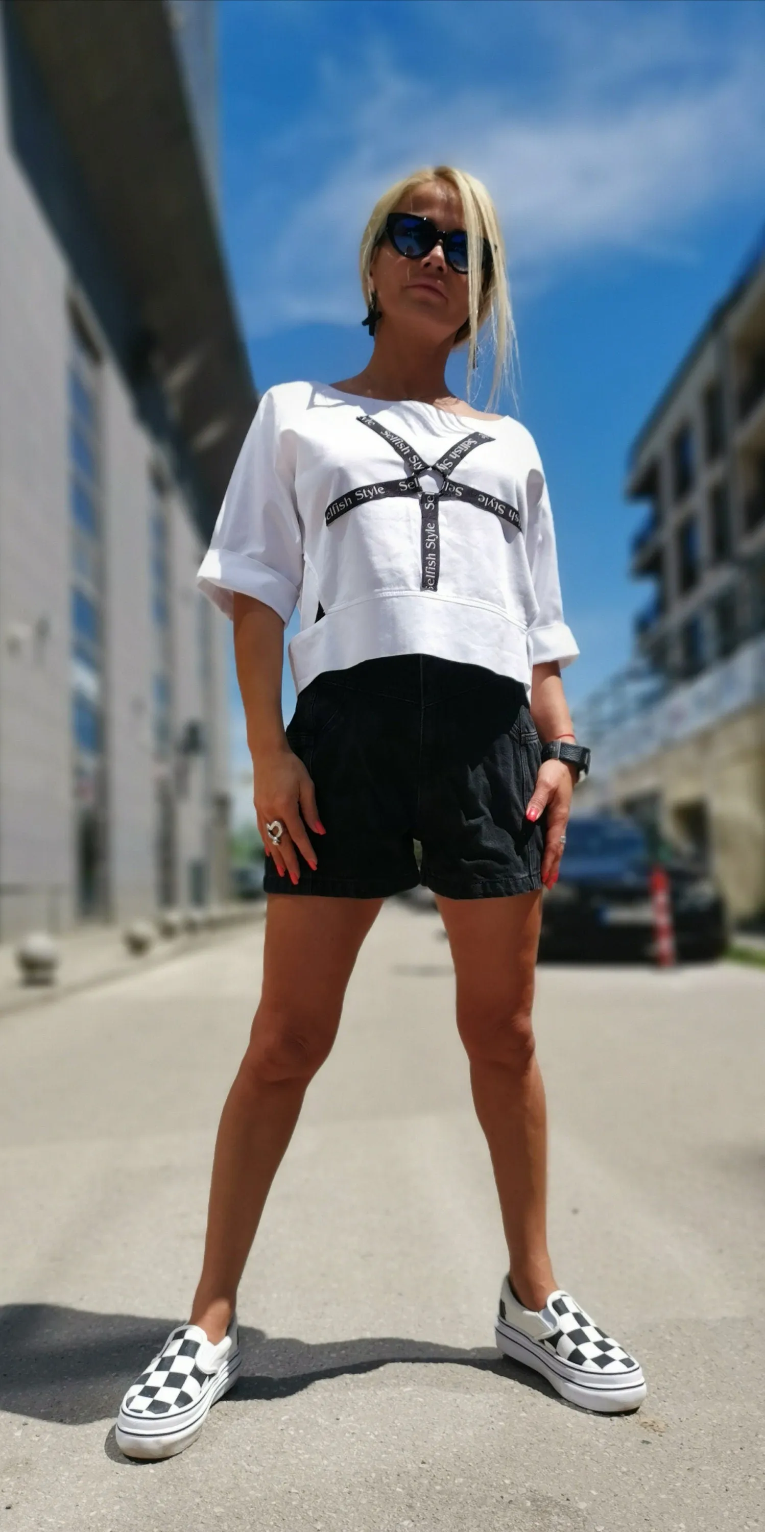 Extravagant White Shirt with Mid Sleeves and Cut Outs, Avant-garde Top, Loose Fit Women T-Shirt, Short Sleeve Cotton Shirt, Plus Size Top