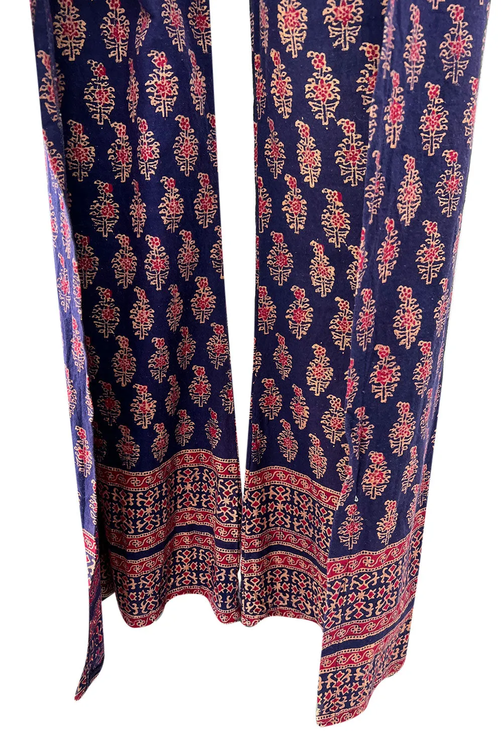 Fantastic 1970s Bill Blass Wrap & Tie Indian Cotton Pants w Red & Gold Print