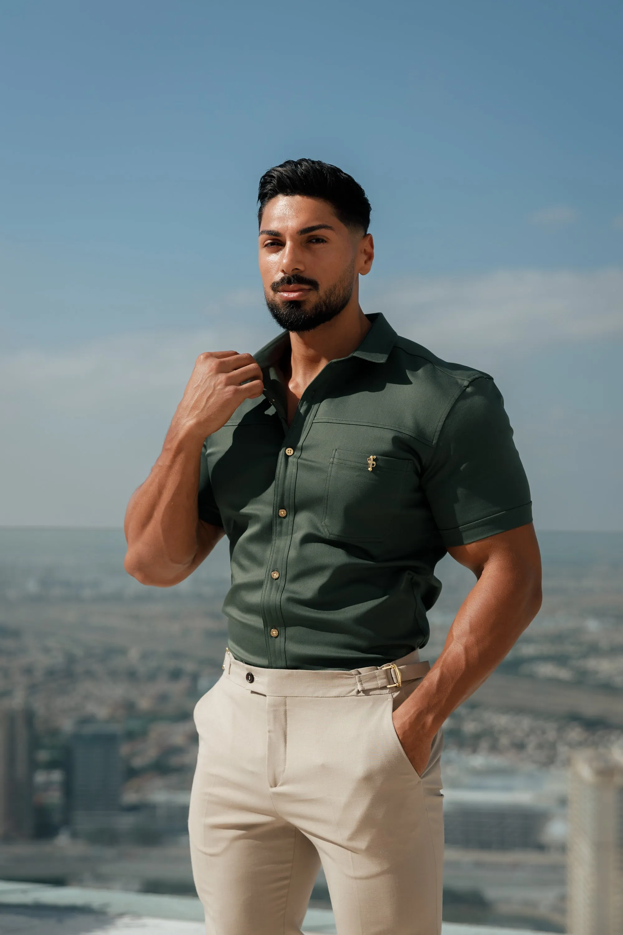 Father Sons Super Slim Stretch Khaki Denim Short Sleeve with Horizontal Seam and Pocket- FS958
