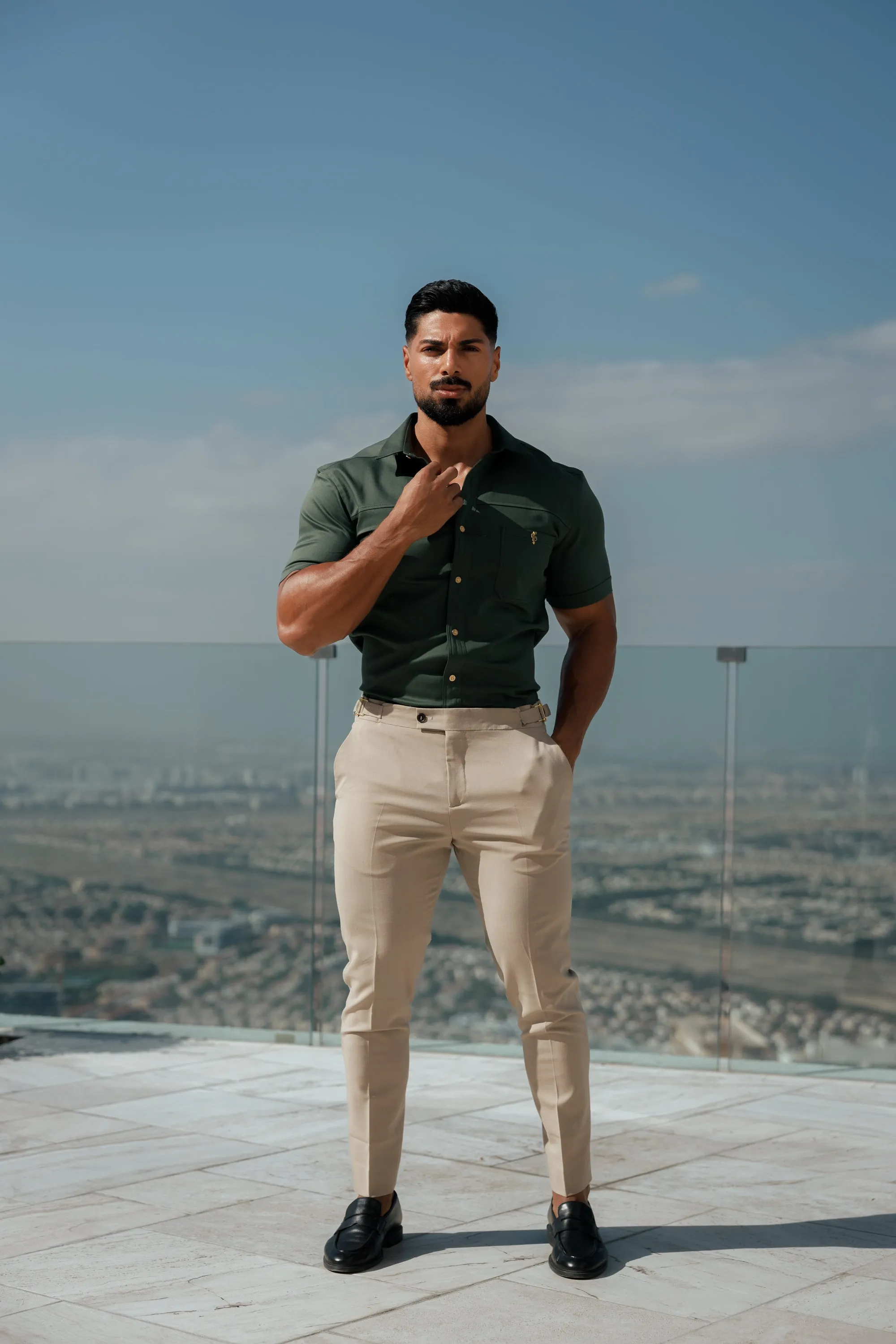 Father Sons Super Slim Stretch Khaki Denim Short Sleeve with Horizontal Seam and Pocket- FS958