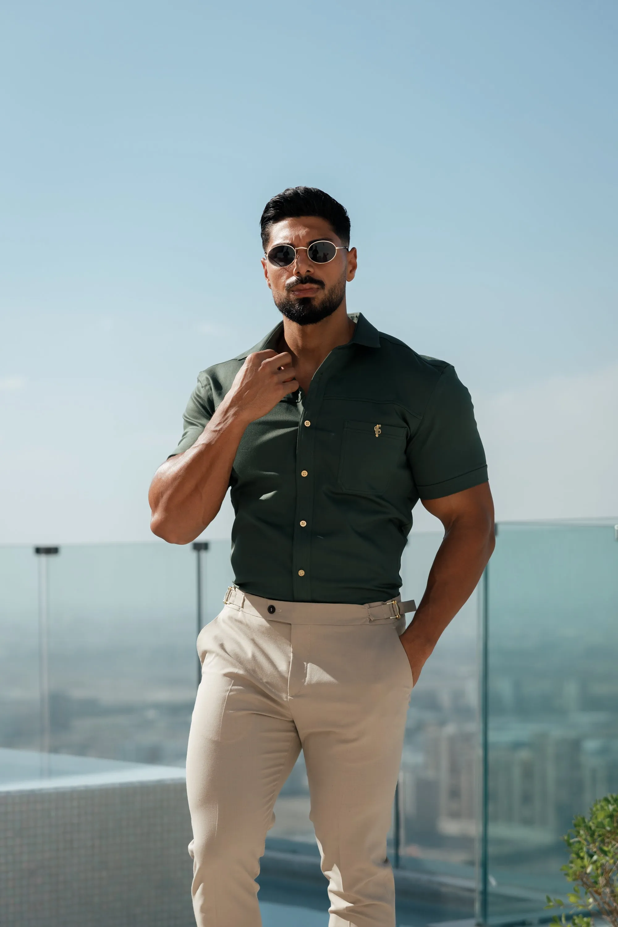 Father Sons Super Slim Stretch Khaki Denim Short Sleeve with Horizontal Seam and Pocket- FS958