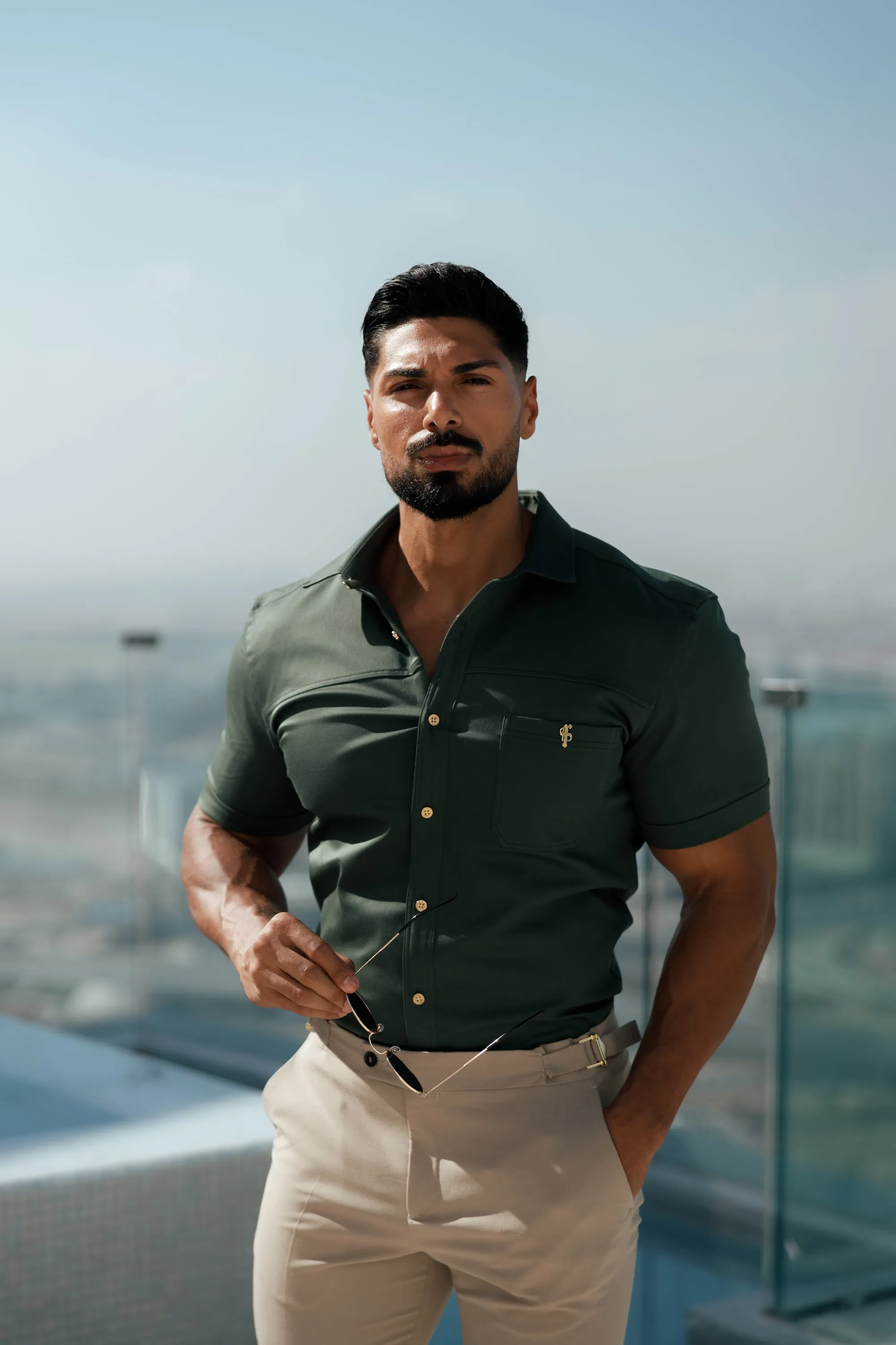 Father Sons Super Slim Stretch Khaki Denim Short Sleeve with Horizontal Seam and Pocket- FS958