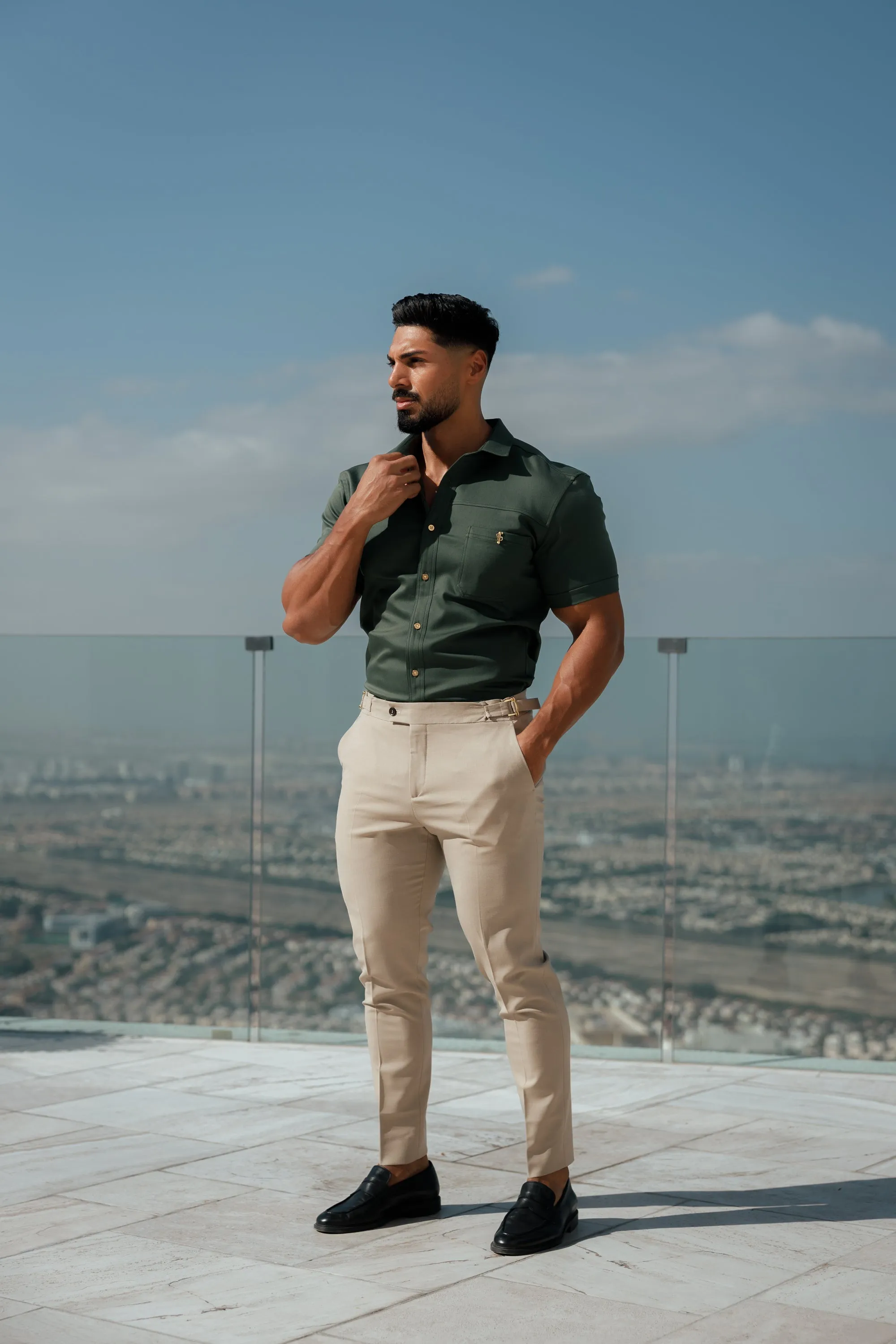 Father Sons Super Slim Stretch Khaki Denim Short Sleeve with Horizontal Seam and Pocket- FS958