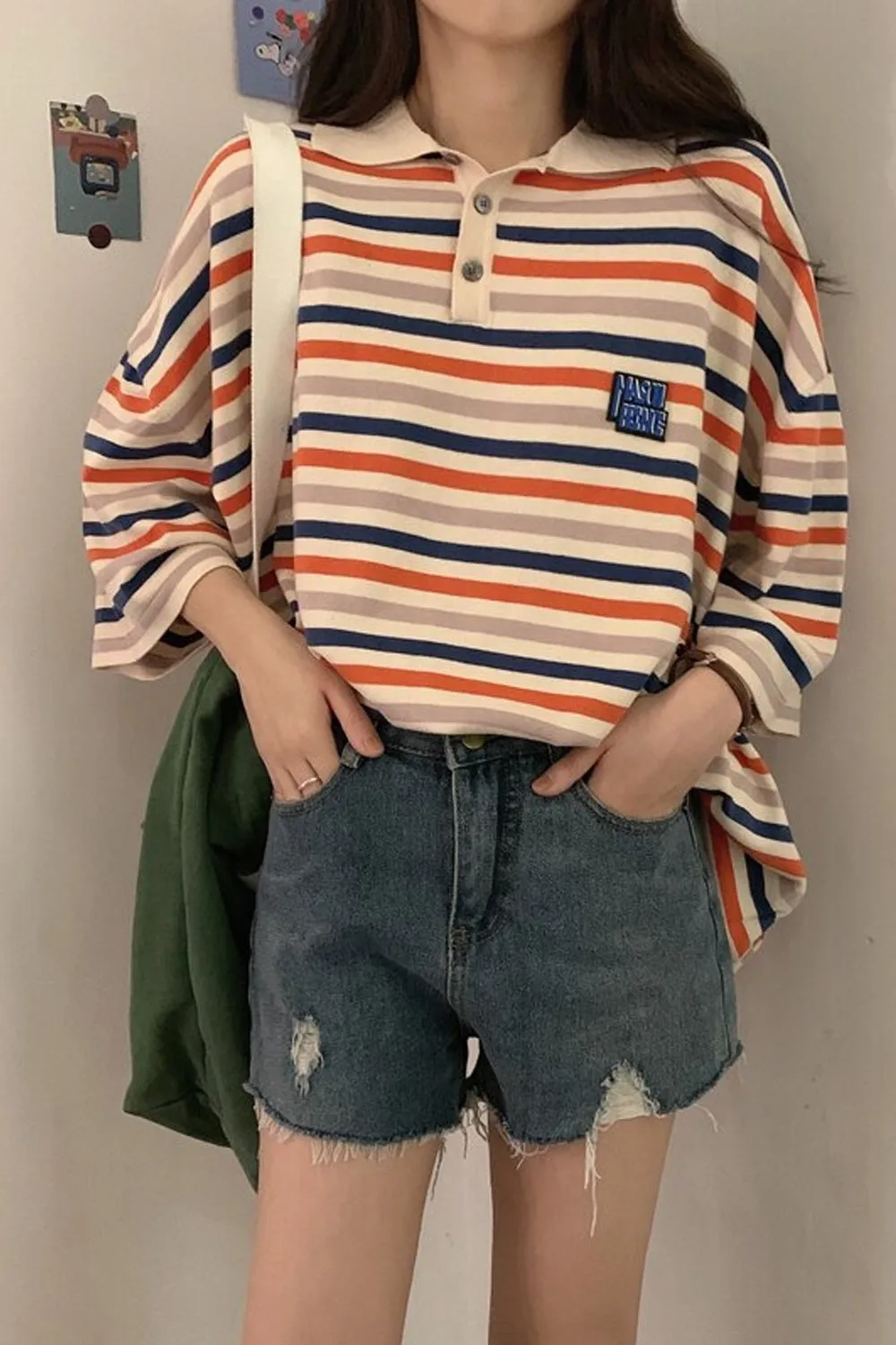 Fun Striped Loose Style Collar Shirt