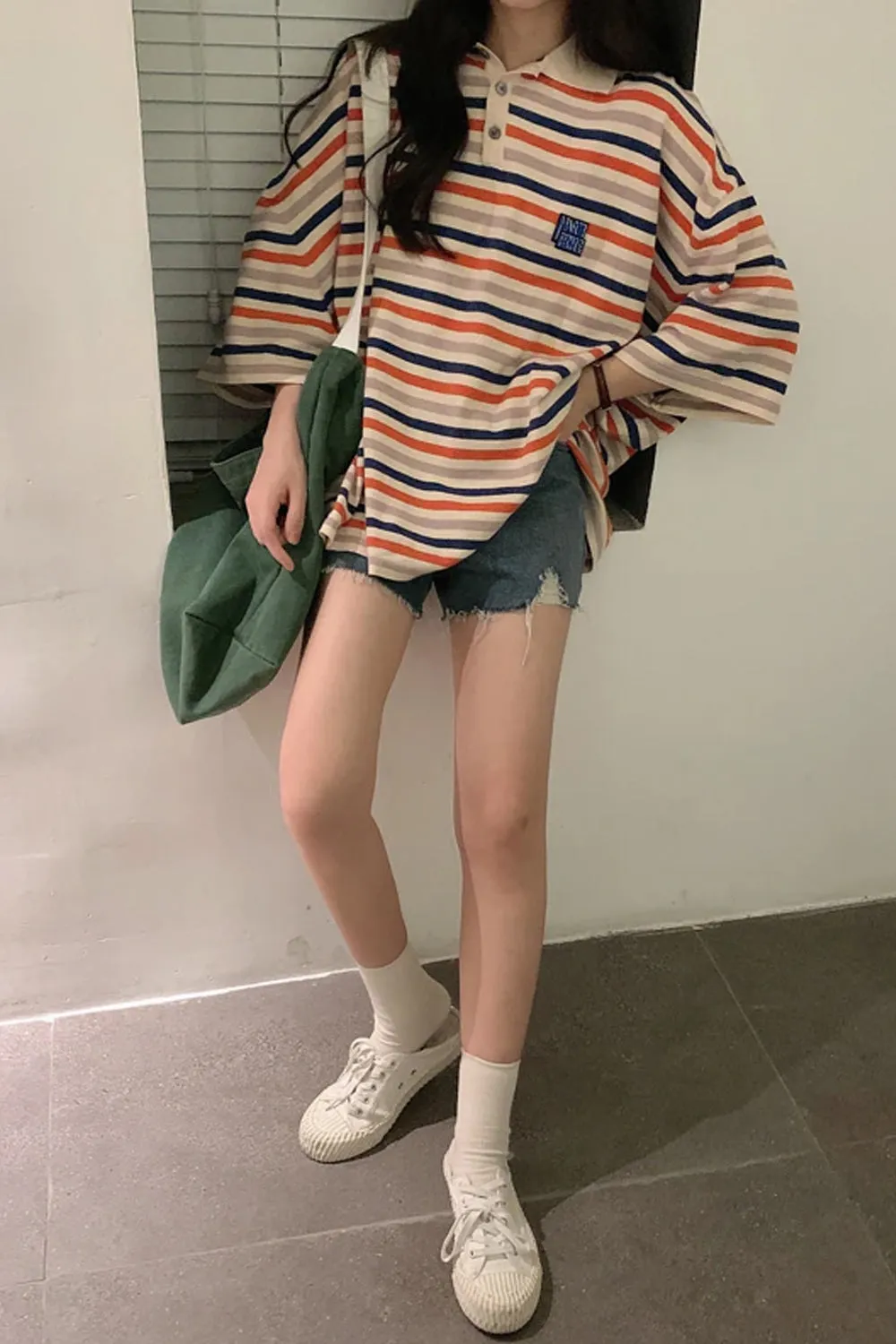 Fun Striped Loose Style Collar Shirt