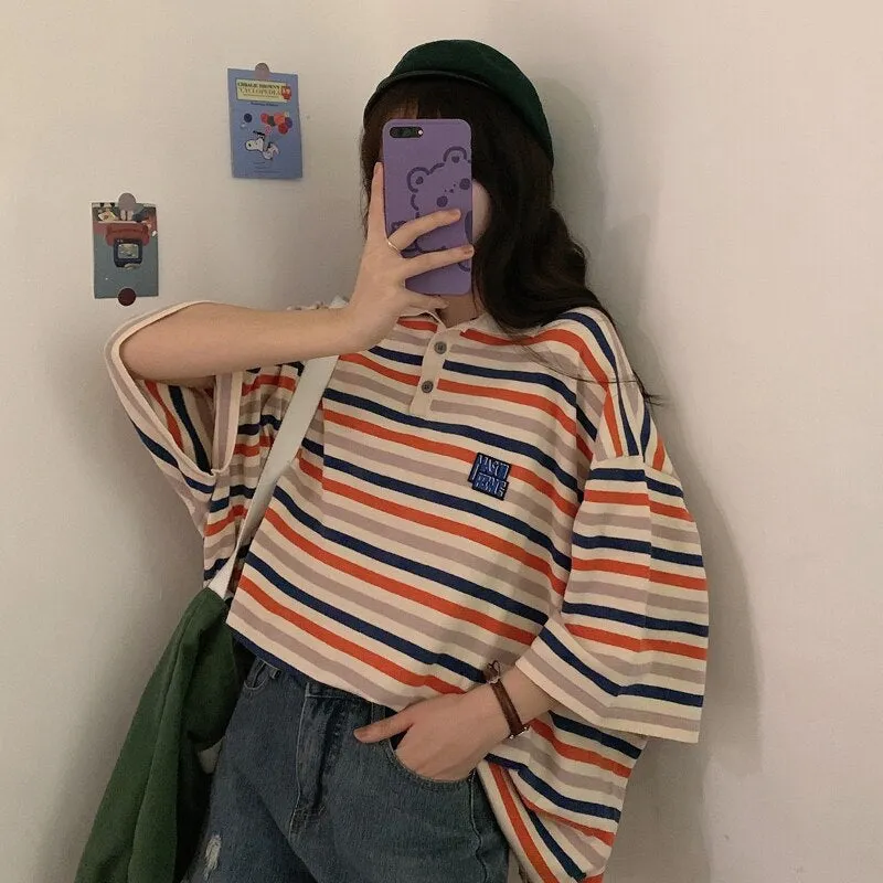 Fun Striped Loose Style Collar Shirt