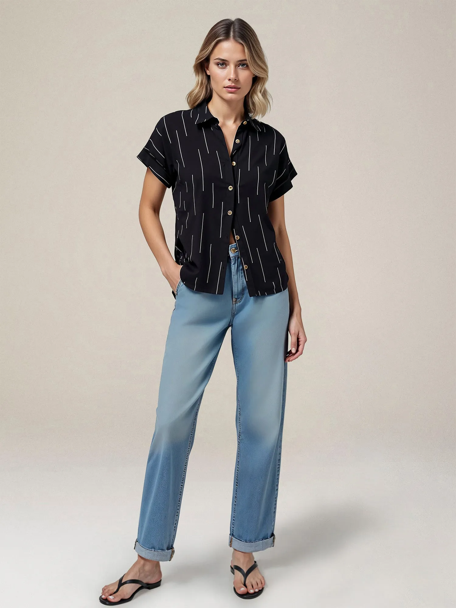 Geo Stripe Print Button Down Shirt