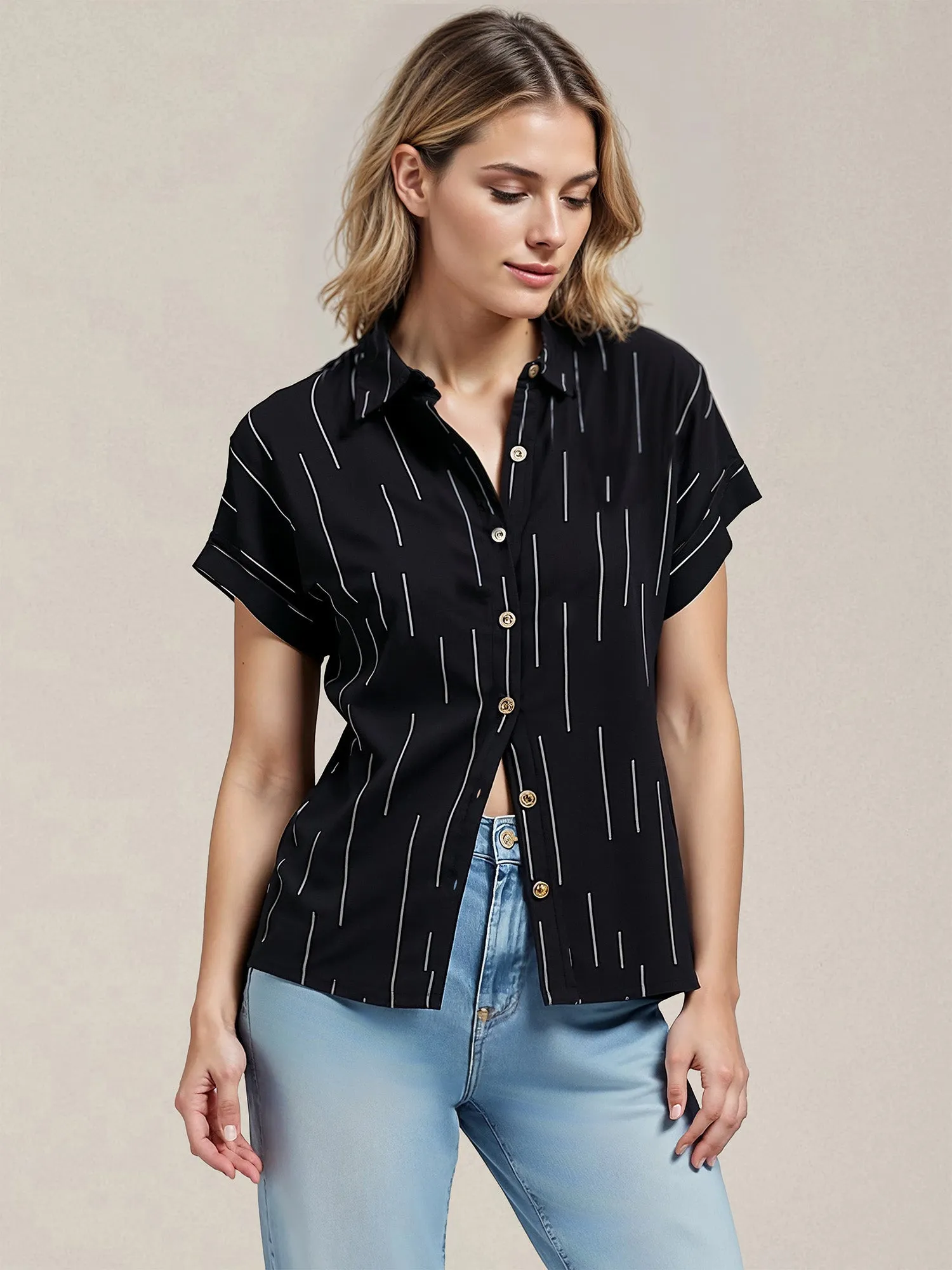 Geo Stripe Print Button Down Shirt
